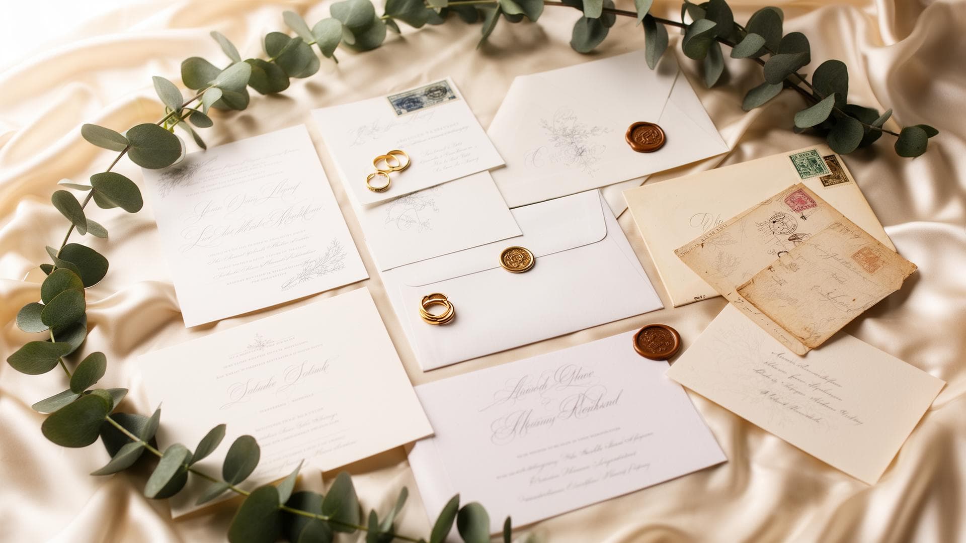 A flat lay of SweetInvites wedding stationery on cream silk